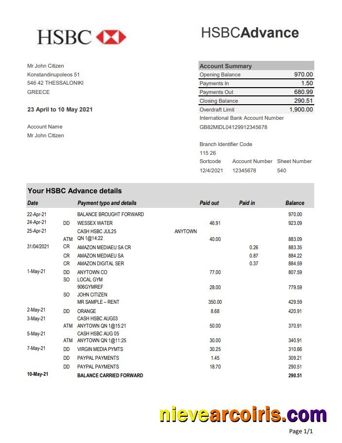 Greece HSBC bank statement easy to fill in Excel and PDF format